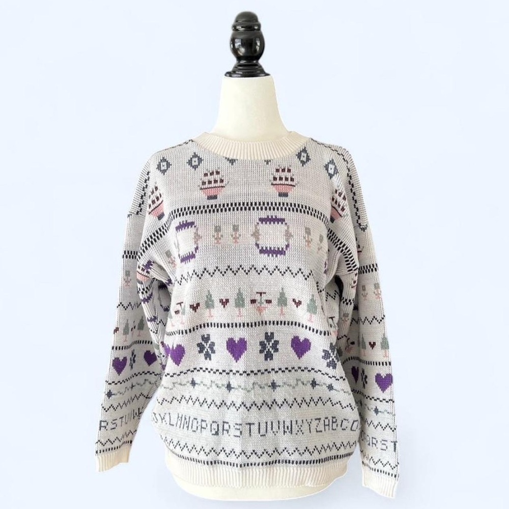 Y2K Vintage Grace Womens White Cottagecore Patterned Cozy Festive Sweater Medium